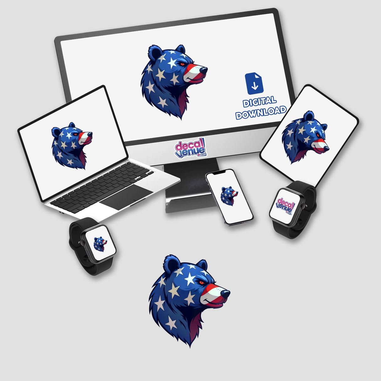 A Cool American Flag Bear displayed on a computer monitor and laptop screen, showcasing a unique bear with stars and stripes design, available as stickers or digital artwork from Decal Venue.