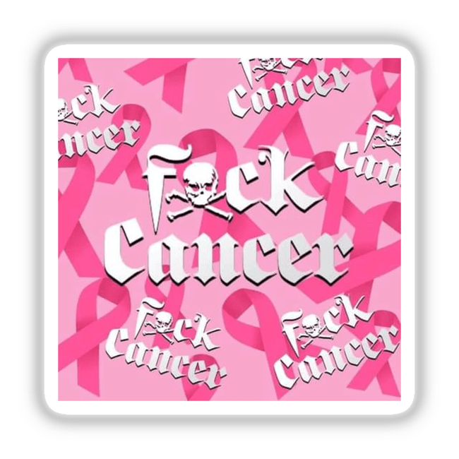 Gold Breast Cancer Series 11: A pink ribbon with white text and skull graphic, available as stickers or digital artwork.