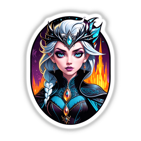 An anime-style illustration titled An Evil Queen Anime Girl, showcasing a woman with a crown and tiara, available as stickers or digital artwork from Decal Venue.