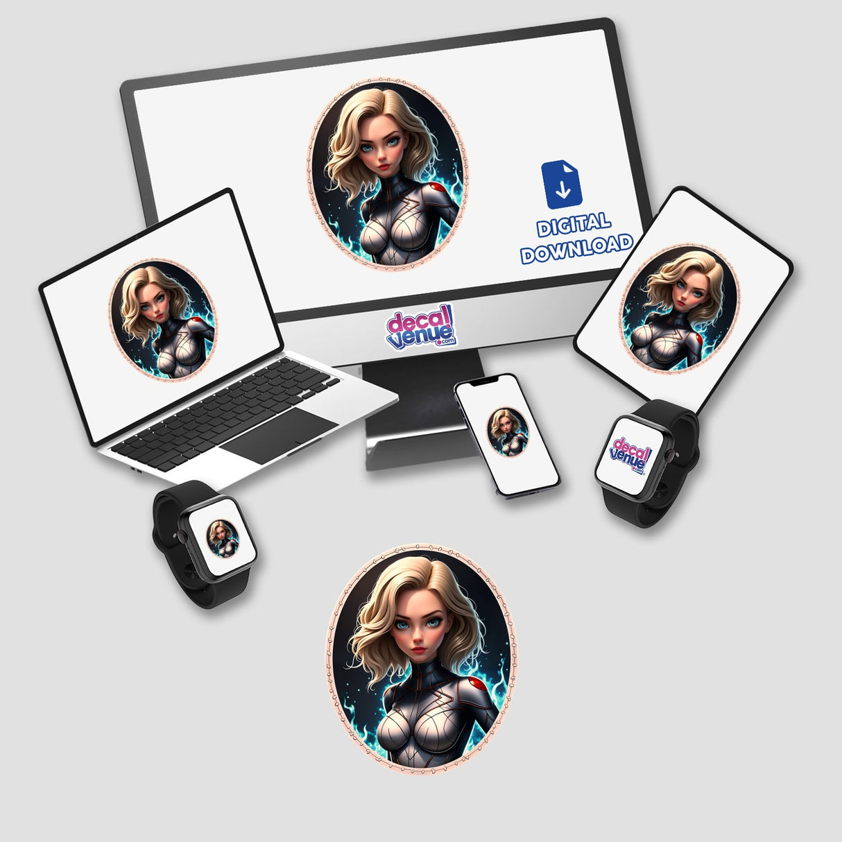 A computer monitor and laptop display a cute anime superhero girl, available as stickers or digital artwork from Decal Venue.