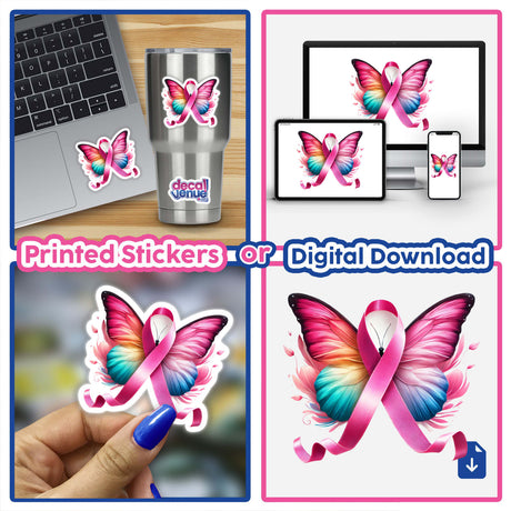 Butterfly Breast Cancer Pink Ribbon sticker displayed on a laptop, featuring a butterfly with a pink ribbon and wings. Available as stickers or digital artwork from Decal Venue.