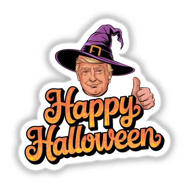 Happy Halloween Trump in Witch Hat MAGA illustration featuring a cartoon of Trump wearing a witch hat, available as unique stickers or digital artwork from Decal Venue.