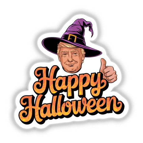 Happy Halloween Trump in Witch Hat MAGA illustration featuring a cartoon of Trump wearing a witch hat, available as unique stickers or digital artwork from Decal Venue.