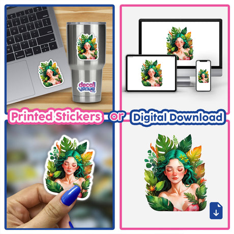 Sticker Design: Woman Resting Amidst Lush Tropical Greenery - features a collage of a woman with green hair and leaves, suitable as stickers or digital artwork.