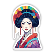 Illustration of a beautiful retro geisha with flowers in her hair, available as stickers or digital artwork.