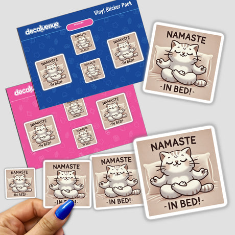 Yoga Cat - Namaste in bed sticker featuring a cartoon cat meditating on a pillow. Available as a unique sticker or digital artwork from Decal Venue, perfect for cat and yoga enthusiasts.