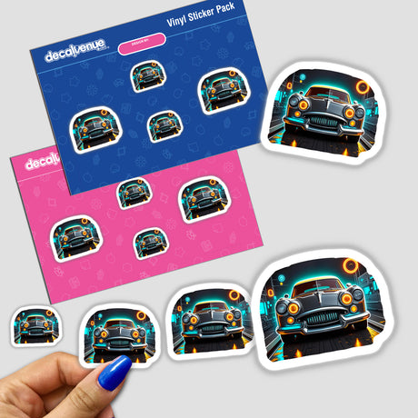 Sticker pack featuring 'A Classic Futuristic Car' design, held in a hand, showcasing unique automotive art from Decal Venue. Available as both stickers and digital artwork.