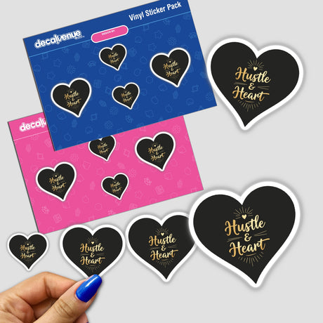 Hustle & Heart Motivational Sticker featuring heart-shaped designs with gold text, ideal for inspiration. Available as stickers or digital artwork from Decal Venue, known for unique stickers and digital art.