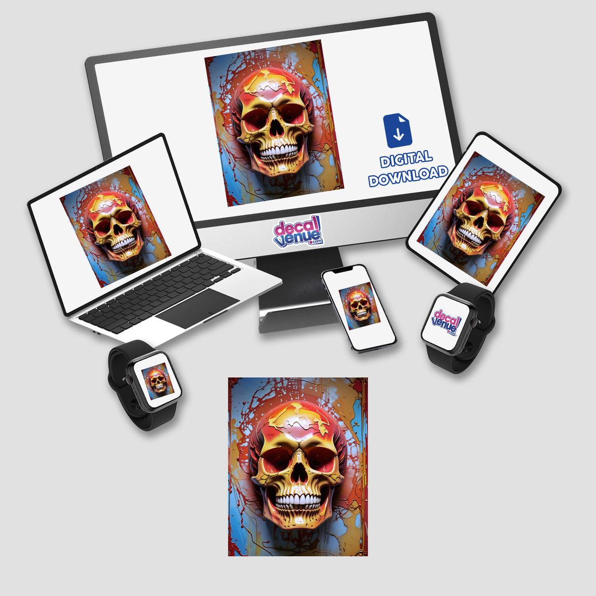 Abstract 3D Skull Art displayed on multiple screens, including a computer monitor, laptop, and tablet. Available as stickers or digital artwork from Decal Venue, known for unique vinyl designs.