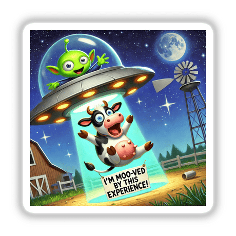 Cartoon image of an alien in a UFO abducting a cow, titled Alien Abducting Cow - I’m moo-ved by this experience, available as stickers or digital artwork.