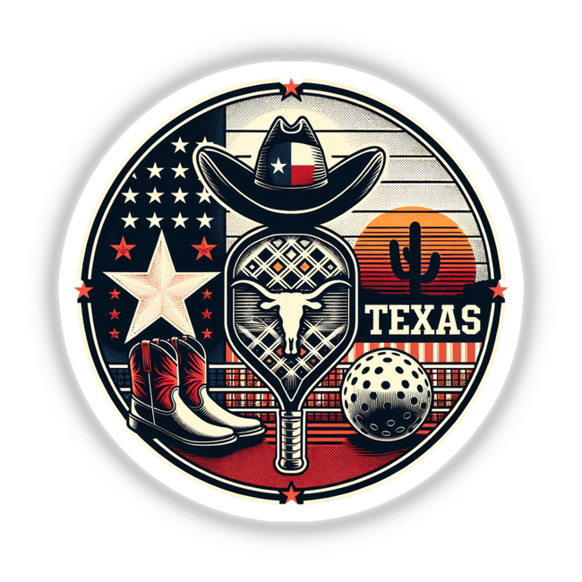 Texas Pickleball Theme Boots emblem featuring a cowboy hat, ball, bull skull, and star, available as stickers or digital artwork from Decal Venue.