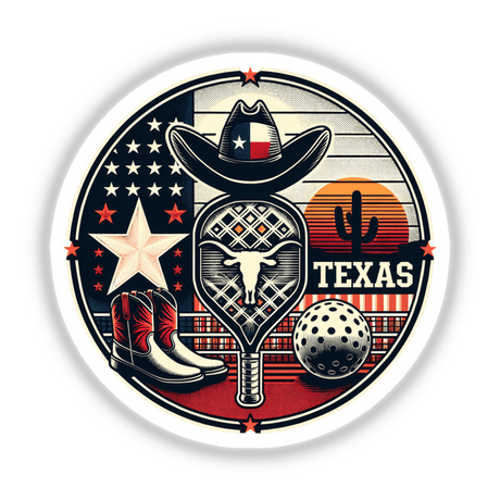 Texas Pickleball Theme Boots emblem featuring a cowboy hat, ball, bull skull, and star, available as stickers or digital artwork from Decal Venue.