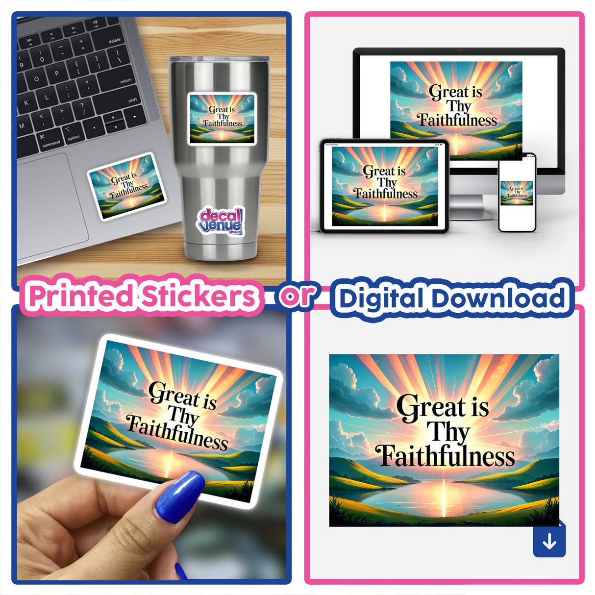 Great Is Thy Faithfulness Christian Quote sticker collage featuring close-ups of stickers on a laptop, emphasizing faith-inspired digital artwork available from Decal Venue.