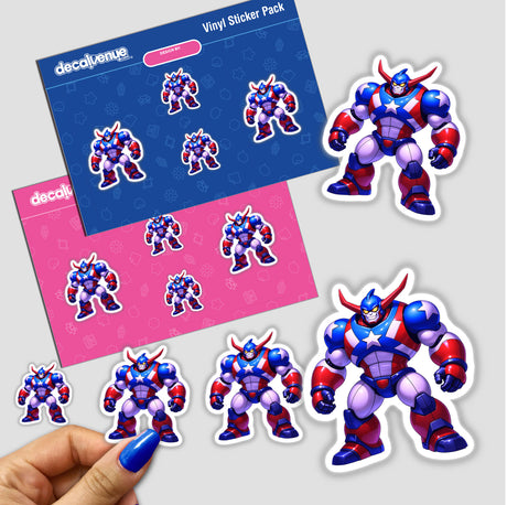 A Cool American Flag Army Robot sticker featuring a cartoon superhero design, available as both vinyl decals and digital artwork from Decal Venue.