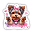 Valentine Surprise Yorkie Dog cartoon featuring a Yorkshire Terrier with a pink bow, available as stickers or digital artwork, highlighting its adorable features for Decal Venue's unique collection.