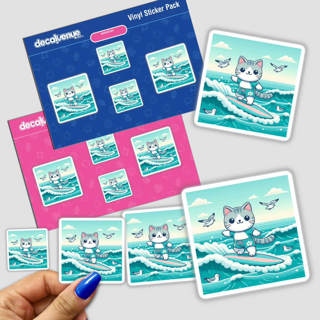 Adorable cat on a surfboard digital artwork sticker pack. The image shows a collection of vinyl stickers featuring a cute cartoon cat riding a surfboard amidst waves and seagulls. The stickers appear to be part of a digital art product sold on the Decal Venue online store, which specializes in unique stickers and digital artwork created by talented designers.