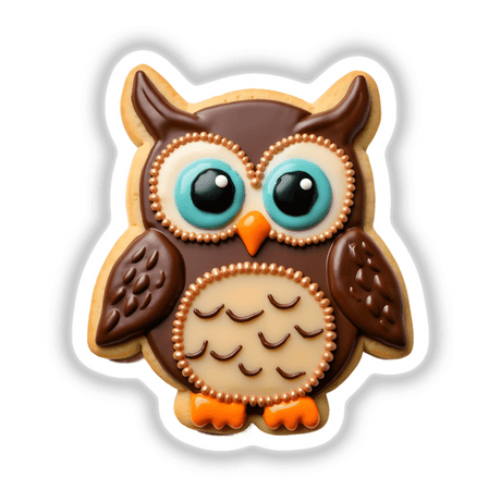 Owl Shaped Cookie with Brown Feathers and Big Eyes, designed with intricate details, available as stickers or digital artwork.