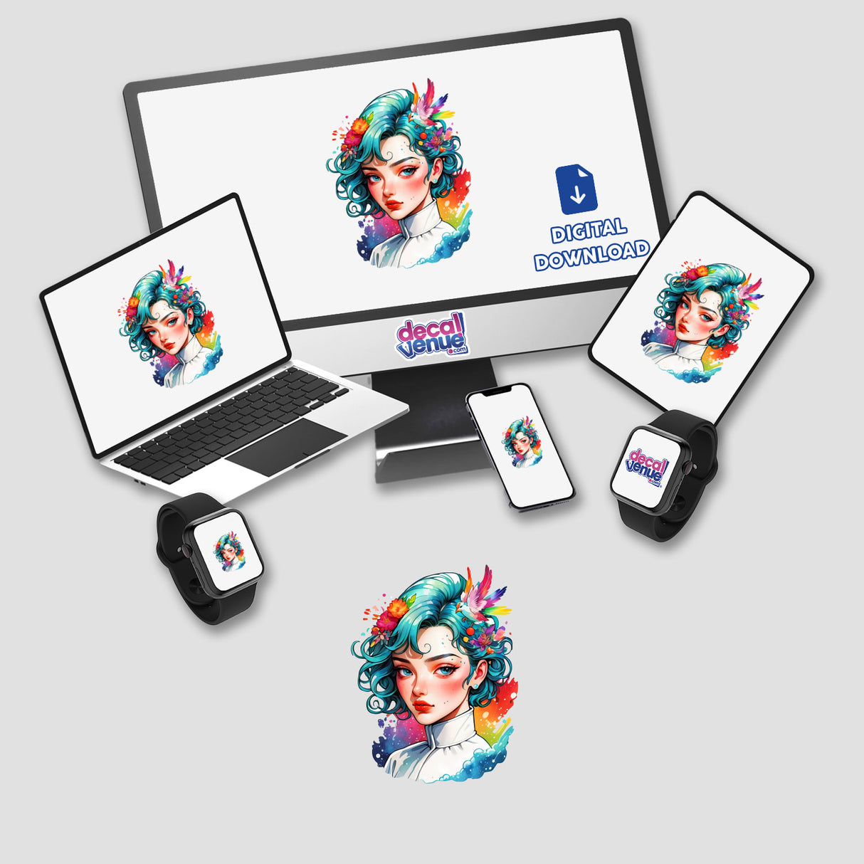 90’s Anime Splash Sticker showcasing a pop art portrait of a woman with blue hair and flowers, displayed on a computer monitor, laptop, and cellphone, emphasizing bold, graphic style.