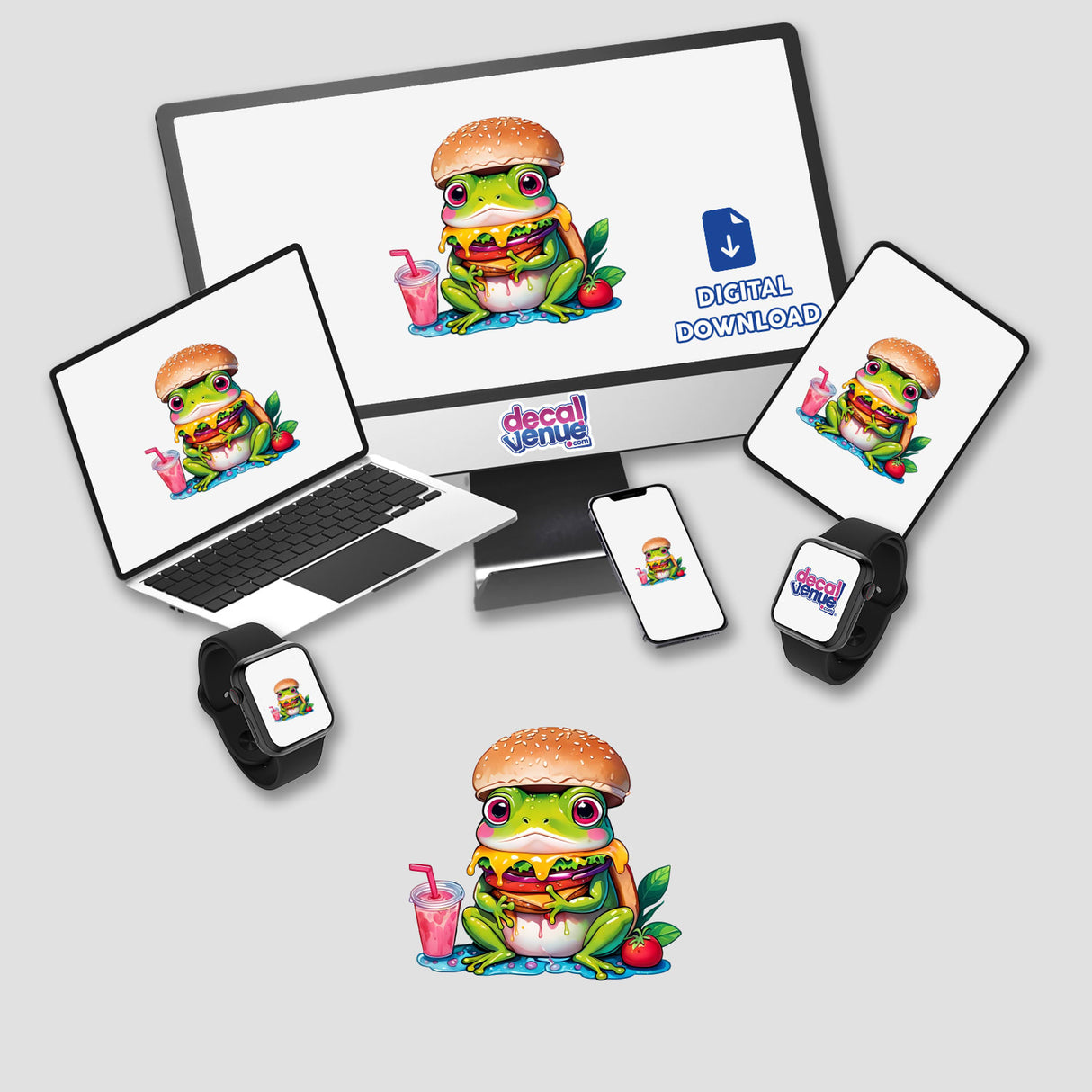 Froggie Burger Delight stickers or digital artwork featuring a cartoon frog holding a burger, displayed on a laptop, monitor, smartphone, and smartwatch.