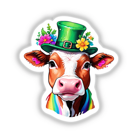 St. Paddy's Moo: Cute Cow in Floral Splash Hat Sticker featuring a cartoon cow wearing a green hat adorned with flowers and a gold buckle, perfect for unique sticker collections.