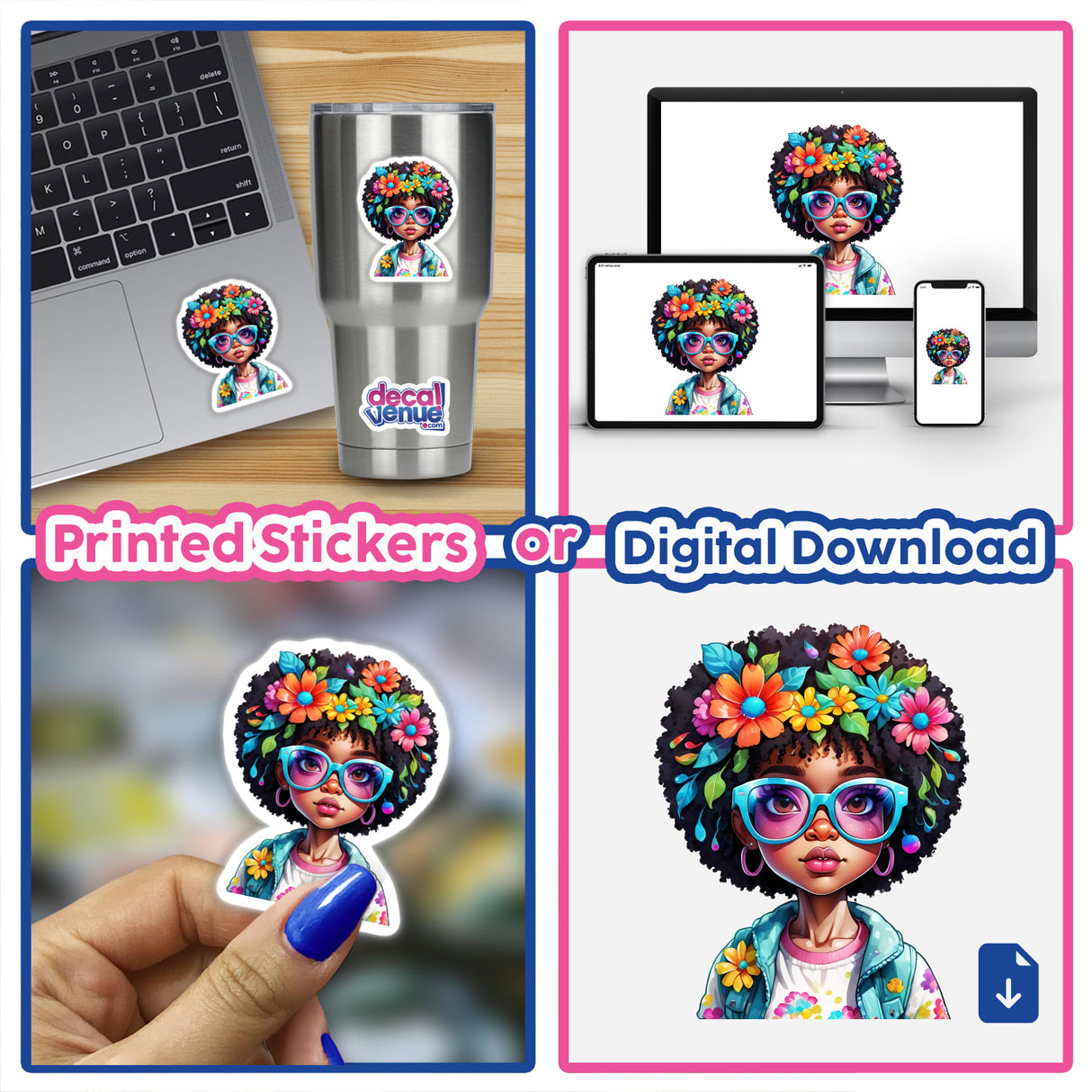 Trendy Afro Girl with Cool Glasses depicted in various stickers and digital artwork forms, showcasing a cartoon woman with flowers in her hair and glasses.