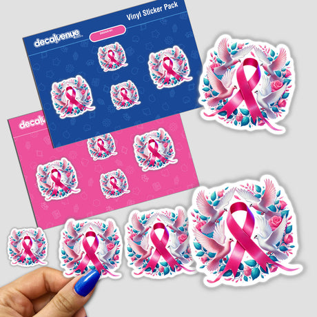 Pink Ribbon and Doves Breast Cancer Awareness stickers featuring pink ribbons adorned with doves and flowers.