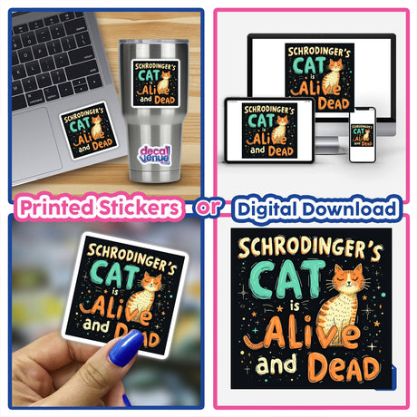 Schrodinger’s Cat Science Humor sticker or clipart displayed on a laptop and mug, depicting a cat with closed eyes. Suitable for digital artwork or commercial use.