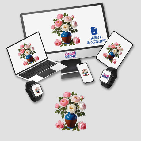 Beautiful Flower Bouquet Clipart - Pink and White Roses in Vase displayed on a computer monitor and laptop screens. Available as Stickers or Digital Artwork with Commercial Rights.