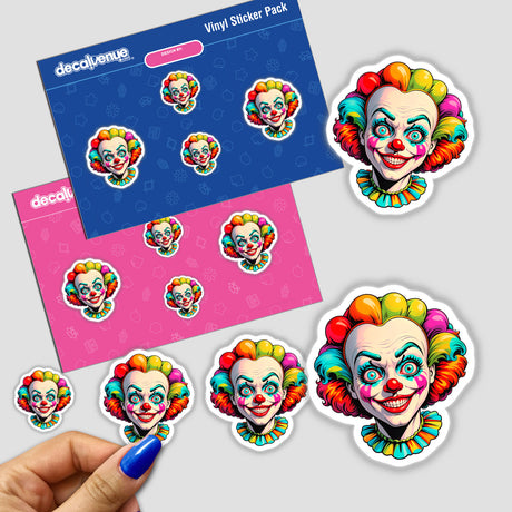 A Crazy Clown Girl sticker featuring a colorful cartoon clown face is held by a hand, representing Decal Venue's unique sticker collection and digital artwork offerings.