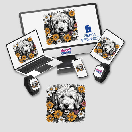 Goldendoodle Dog Portrait Floral Accents PA45