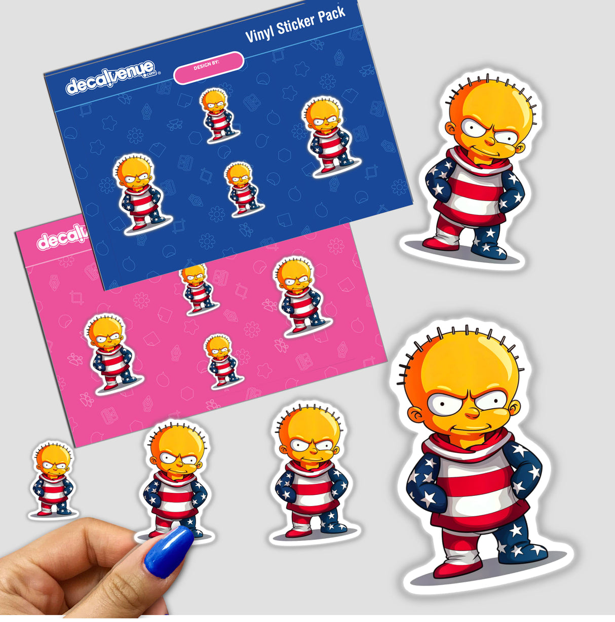 Sticker featuring a cartoon character titled A Funny Guy With An American Flag Outfit, showcasing a serious face and red, white, and blue attire. Available as a sticker or digital artwork.