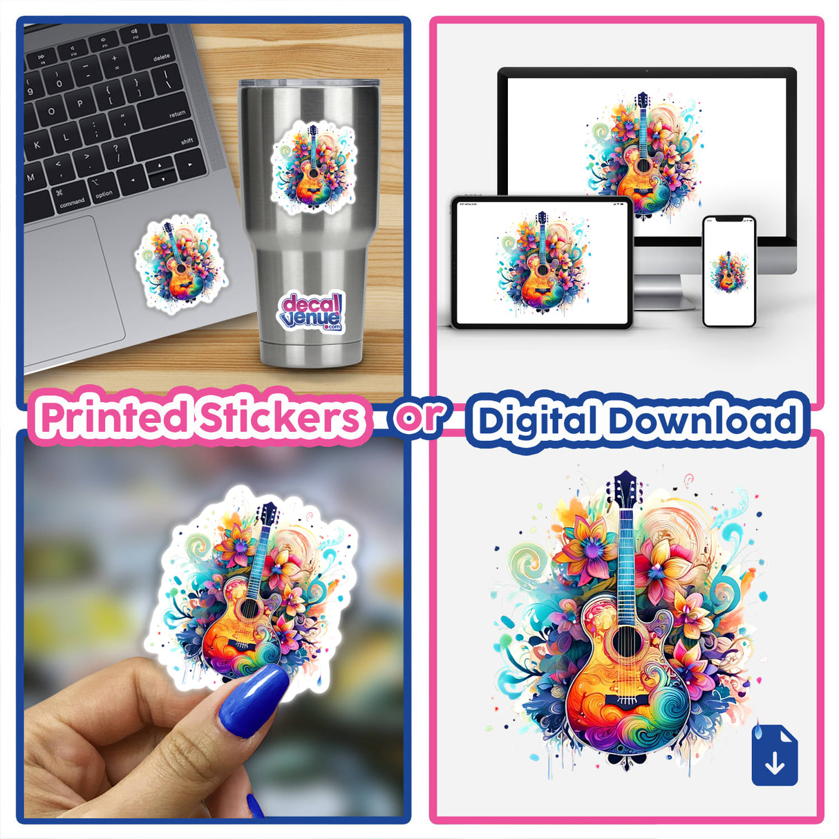 Colorful digital artwork of a guitar with floral and musical elements, showcased on various products including a laptop, mobile devices, and a water bottle from the Decal Venue store.