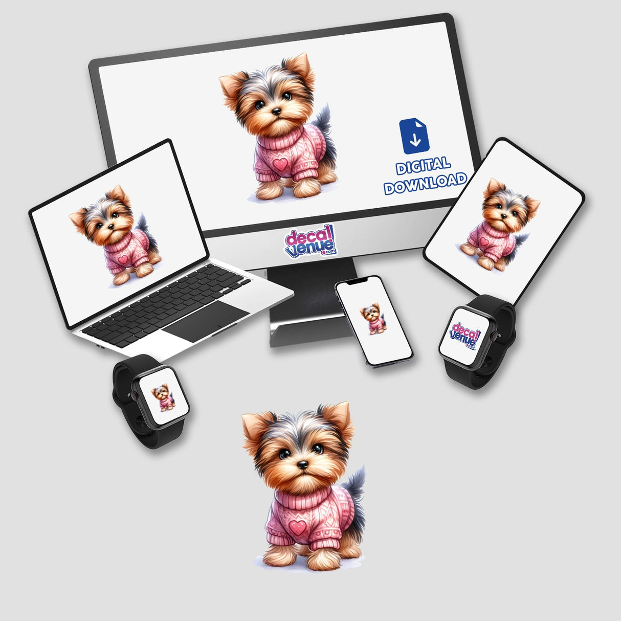 Cute Yorkie Dog with Pink Heart Sweater displayed on a computer monitor and laptop screen, available as stickers or digital artwork.