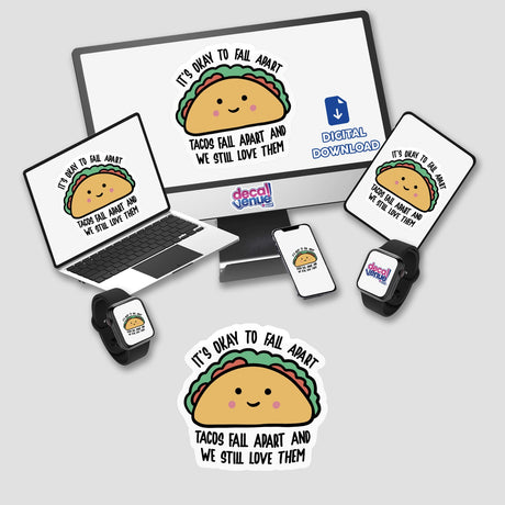 A laptop adorned with It's Okay To Fall Apart taco-themed stickers, showcasing a cheerful taco character. Available as vinyl stickers or digital artwork from Decal Venue.