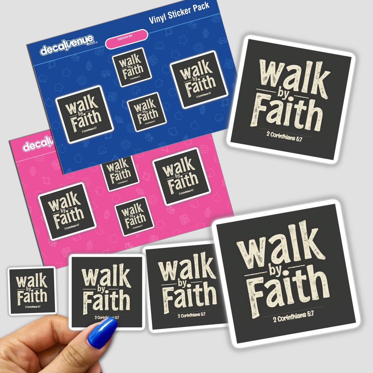 Hand holding Walk By Faith – Inspired by 2 Corinthians 5:7 sticker pack, featuring uplifting Christian affirmations. Available as stickers or digital artwork with commercial rights.