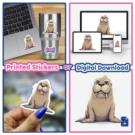 Cute Grumpy Walrus stickers and digital artwork featuring cartoon walruses with large teeth and white whiskers, perfect for laptops, cups, and more. Ideal for animal lovers from Decal Venue.