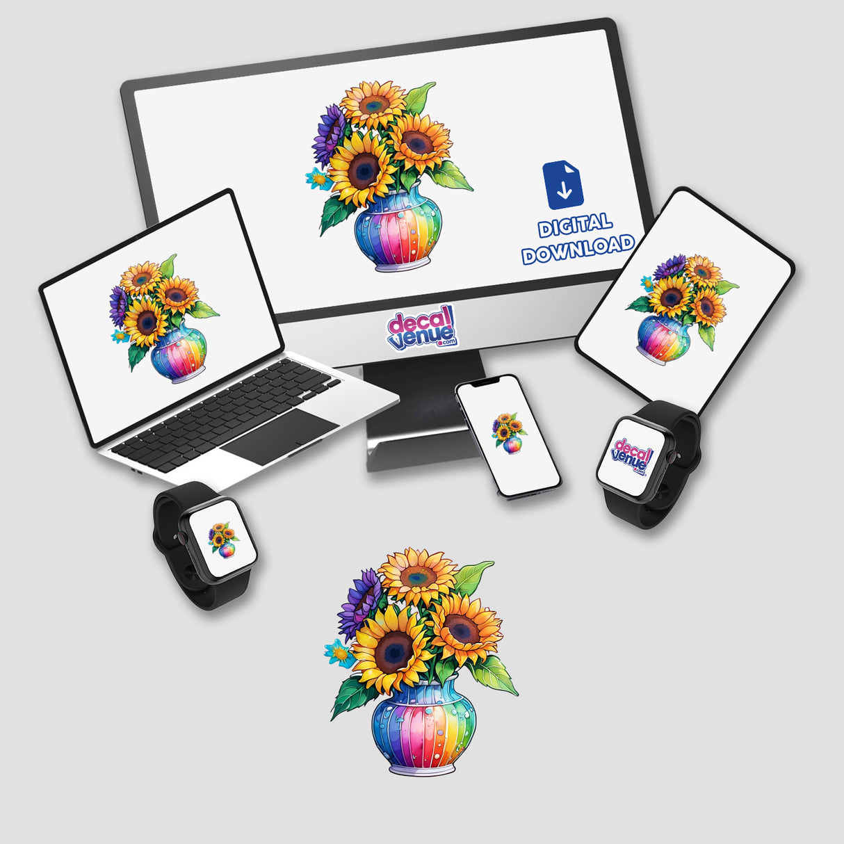 Sunflower Serenade: A laptop and monitor display vibrant digital artwork of sunflowers in colorful vases, available as stickers or digital art from Decal Venue.