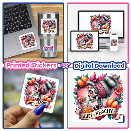 Collage of stickers from Sarcastic Quotes Series 9, featuring a skeleton drinking, a laptop with a sticker, and a cellphone screenshot, highlighting unique designs from Decal Venue.