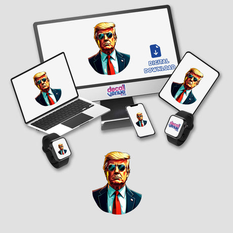 President Donald Trump digital artwork featuring a cartoonish depiction of him in sunglasses and a suit, displayed on a computer monitor and laptop, available as stickers or digital artwork.