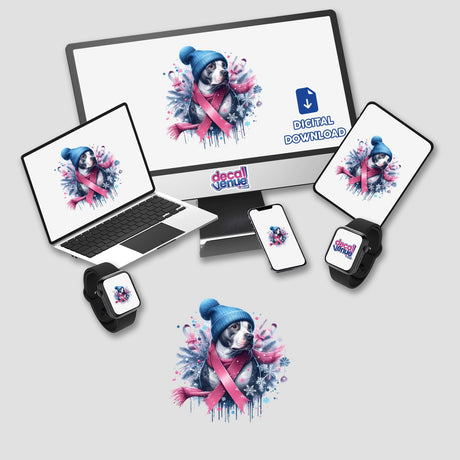 Pitbull Dog Wearing Breast Cancer Pink Ribbon depicted on various devices, showcasing its availability as stickers or digital artwork.