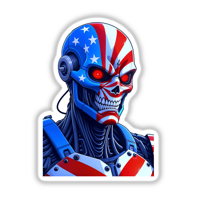 A Cool American Flag Army Cyborg cartoon illustration, featuring red and white stripes, available as stickers or digital artwork.