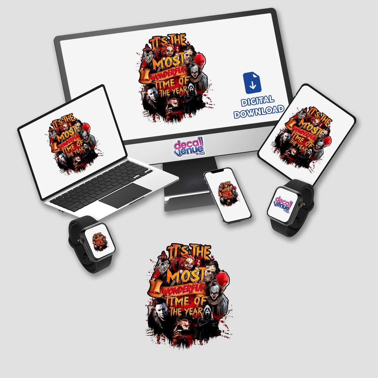 Halloween Horror Collage displayed on a computer monitor and laptop, featuring a cartoon image; available as stickers or digital artwork from Decal Venue.