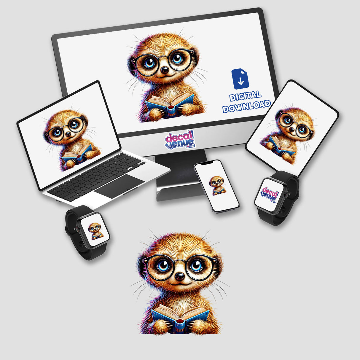 Meerkat With Reading Glasses Open Book sticker or digital artwork featuring a cartoon meerkat engrossed in a book, displayed on a computer monitor and laptop.