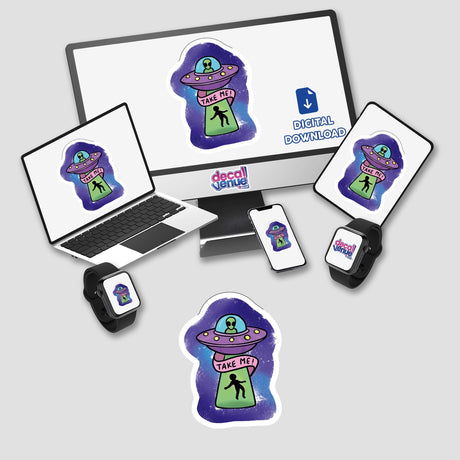 Take Me sticker featuring an alien cartoon, displayed alongside various devices including a laptop and smartwatch, available as unique vinyl stickers or digital artwork from Decal Venue.