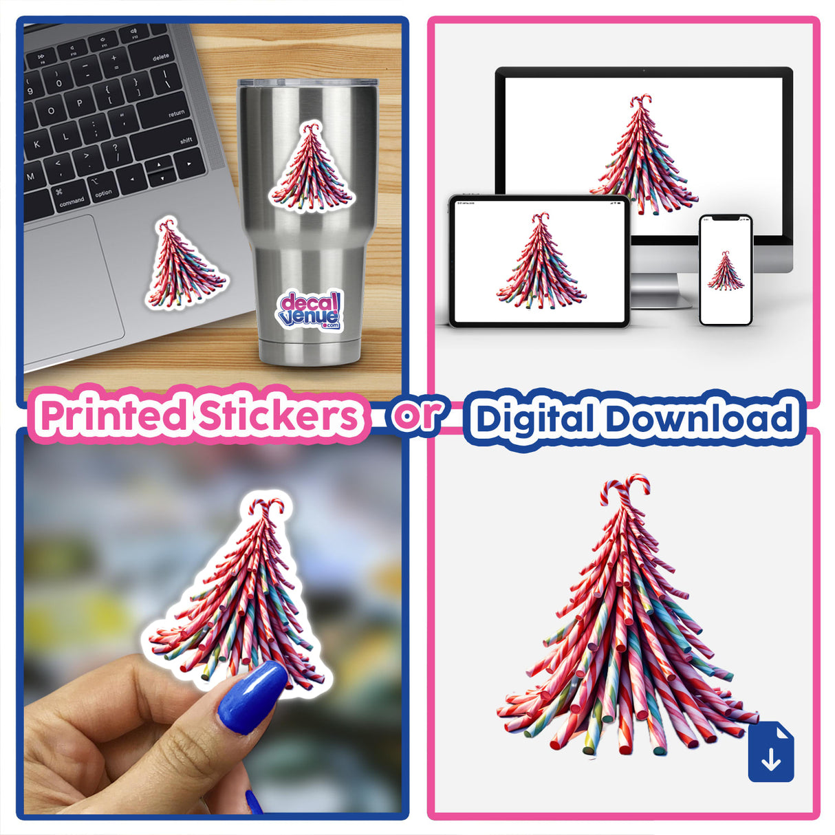 Christmas Candy Cane Pile stickers and digital artwork collage featuring candy cane-shaped Christmas trees, displayed on items like a laptop and silver cup, highlighting Decal Venue's unique designs.