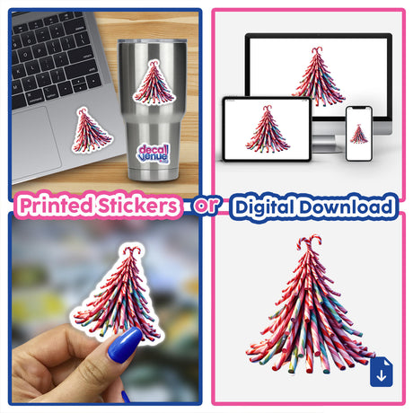 Christmas Candy Cane Pile stickers and digital artwork collage featuring candy cane-shaped Christmas trees, displayed on items like a laptop and silver cup, highlighting Decal Venue's unique designs.