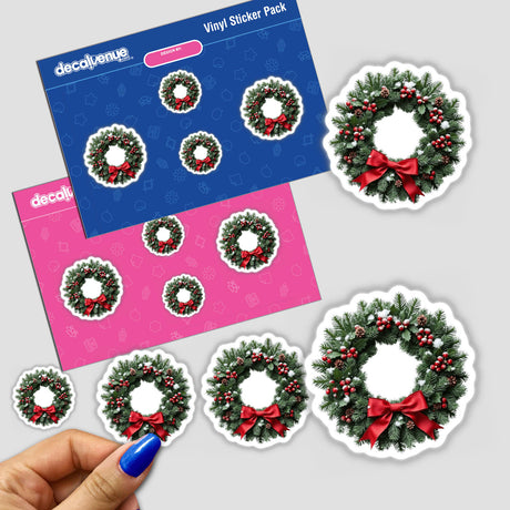 Christmas Wreath Envelope Seal Stickers held in hand, showcasing festive holiday stationery with wreath designs featuring red berries and bows. Available as stickers or digital artwork for cards and gifts.