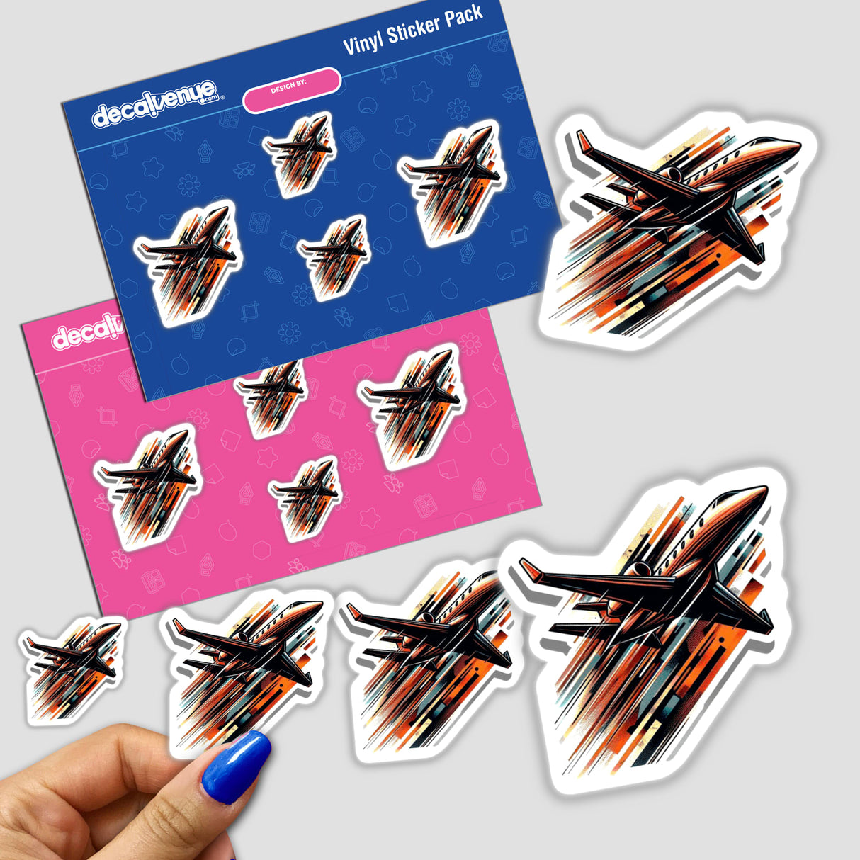 Vibrant Lear Jet digital artwork stickers featuring a sleek aircraft design with dynamic brushstrokes in warm hues, available as a vinyl sticker pack from Decal Venue, an online store offering unique digital art and stickers.