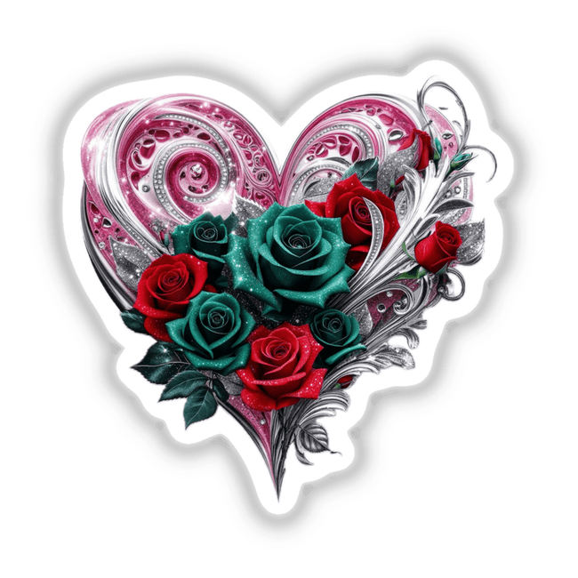 Pink Silver Heart with Red and Green Roses features a heart adorned with roses and swirling designs, available as stickers or digital artwork, reflecting Decal Venue's unique vinyl art offerings.