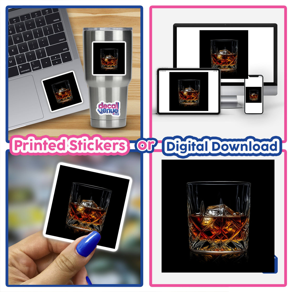 Collage featuring Crystal Glass of Whiskey with Ice Cubes, shown atop a laptop, emphasizing the product's availability as unique stickers or digital artwork from Decal Venue.